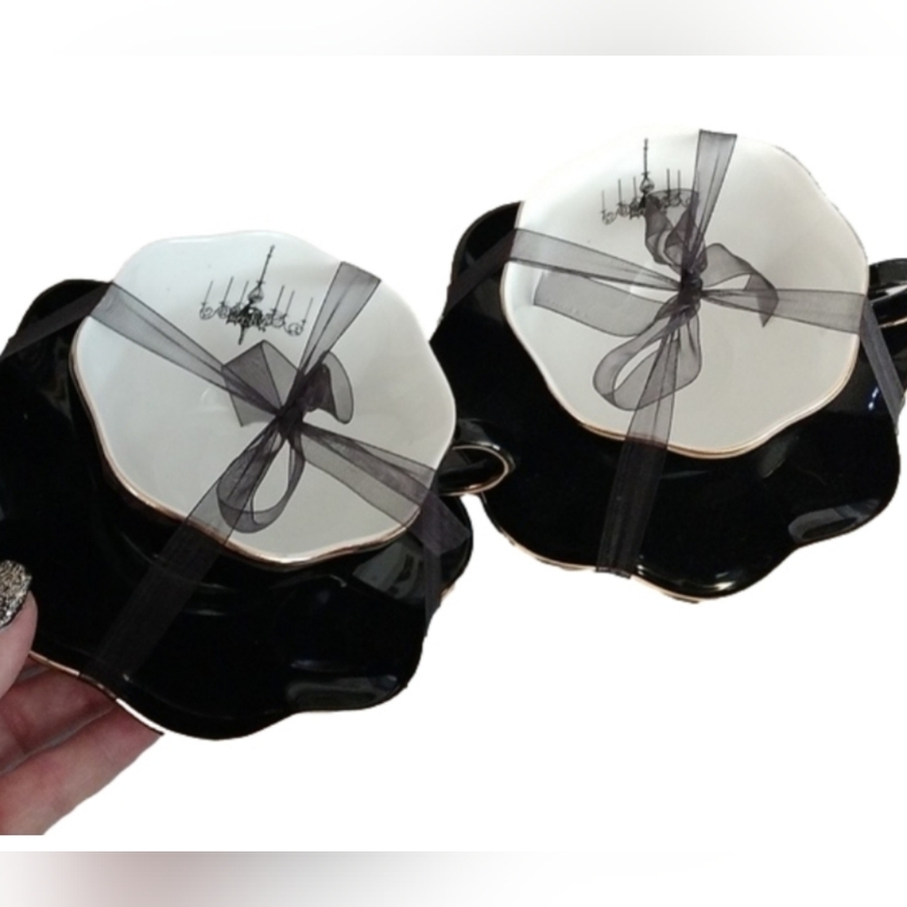 Elegance Scalloped Edge Black + Gold Goth Chandelier Coffee Tea Cups + Sauce…